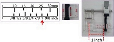 Janome Sliding Guide Foot's Scale in inches and millimeters