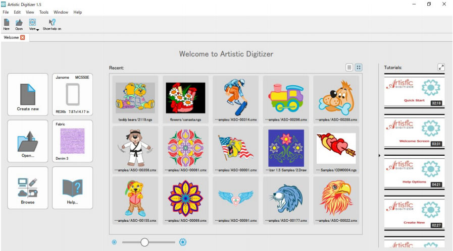 Digitizer's Welcome Screen with easy access to quilting designs