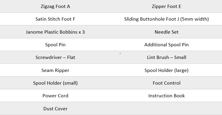 Elna 450 Standard accessories list