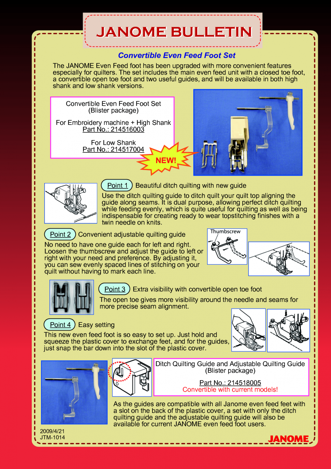 Janome Convertible Even Feed Foot Set 9mm Janome Sewing Centre